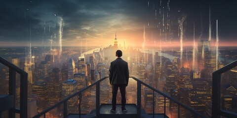 Man standing on stairs looking at growing graphs in city sky