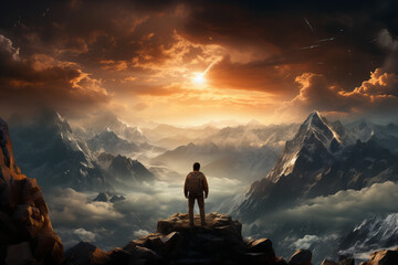 The figure's stance amidst the peaks evokes a powerful urge to embark on one's own quest of discovery