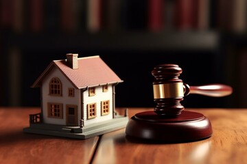 Legal symbol - gavel - beside miniature house model. Generative AI