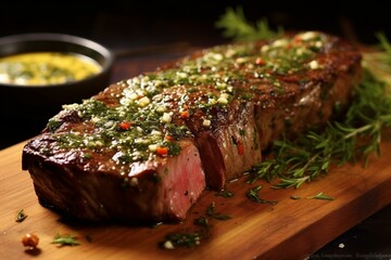 Flavorful steak covered in savory garlic butter and aromatic herbs. Generative AI - obrazy, fototapety, plakaty