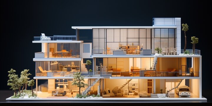 Modern generic contemporary style miniature section model of townhouse with blueprint elevations cad details as wide banner with copyspace area for text