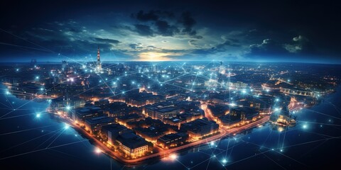 Night on the town from a height. A digital illustration of a city a night with technology connection lines. Communication concept.