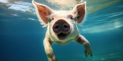 Funny pig swims underwater, concept of Laughter - obrazy, fototapety, plakaty