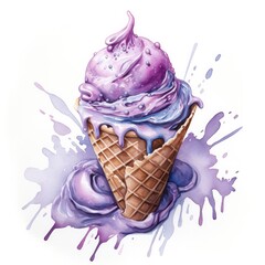 Watercolor ice cream in a waffle cone.