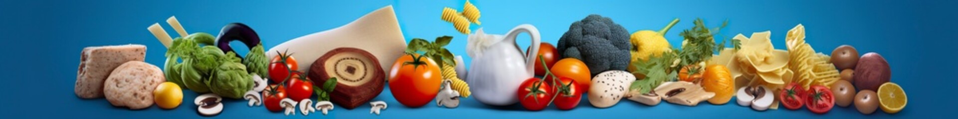 Web page banner of famous Italian food recipes on clean blue background.