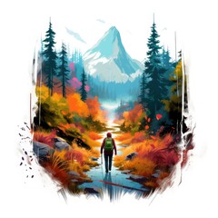Vibrant colors wilderness hiking scene for t-shirt.