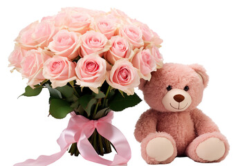 Beautiful roses with cute teddy bear commercial imagery, isolated white background PNG