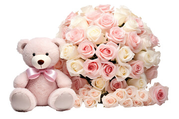Obraz premium Beautiful roses with cute teddy bear commercial imagery, isolated white background PNG