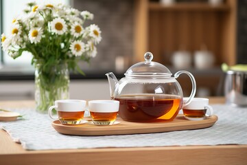 Fototapeta premium Wooden tray with teapot, cups of natural chamomile tea and flowers on table.