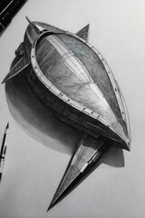 drawing of a futuristic spaceship with a large propeller and a large propeller