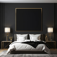 Blank poster frame on black wall of luxury bedroom
