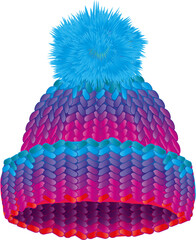 farbige Mütze in Strick Optik mit großer Bommel