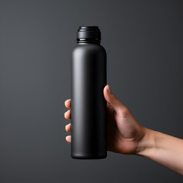 Hand holding black sport bottle for design mockup