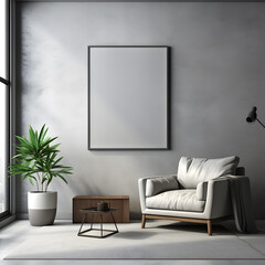 Interior design with blank poster frame on the wall, cozy living room