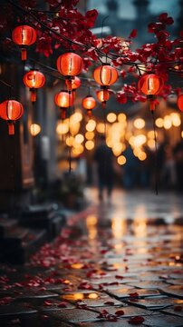 Chinese New year red paper laterns with blurred people and street lights