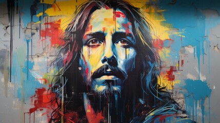 Fototapeta na wymiar Graffiti on hay Portrait of Jesus Christ. Concept of Christianity and belief in God