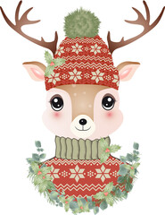 niedlicher Hirsch mit Pullover,Bommelmütze und Weihnachtskranz