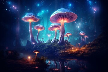 Wallpaper with diverse glowing mushrooms in a fantastical forest. Generative AI