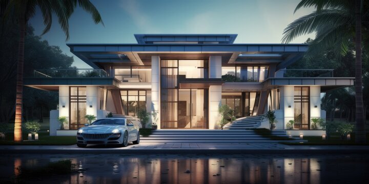 a very modern looking house with a car on the front porch, in the style of light silver and dark emerald, khmer art, ferrania p30,