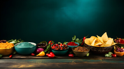 fondos en color turquesa con comida, artesanias y elementos decorativos mexicanos