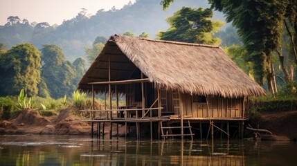 Fototapeta na wymiar Small bamboo hut homestay design, cute and traditional design. Complete a simple life The background is between a river and mountains. Morning light.