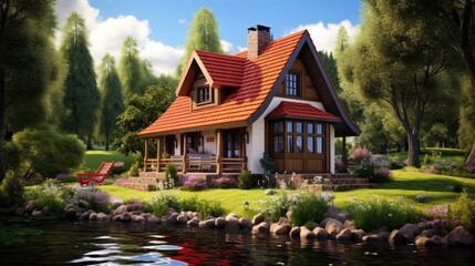 Fototapeta na wymiar Small country cottage house design Cute traditional design Complete a simple life The background is between a river and mountains.
