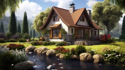 Small country cottage house design Cute traditional design Complete a simple life The background is between a river and mountains.