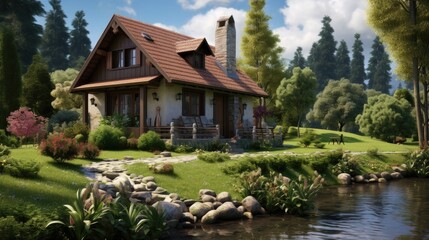 Obraz premium Small country cottage house design Cute traditional design Complete a simple life The background is between a river and mountains.