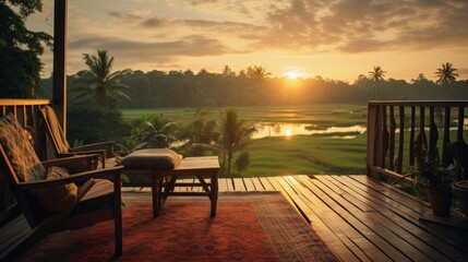 Fototapeta na wymiar sunrise on deck, overlooking green grassy fields, in the style of cambodian art, rustic charm, studyblr, spectacular backdrops, eclectic design, thai art