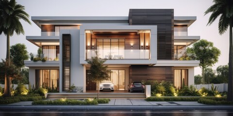 two story house exterior designs the house, in the style of light silver and white, 32k uhd, khmer art, dramatic shading, light emerald and gray, polished craftsmanship - obrazy, fototapety, plakaty