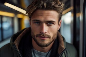 Obraz premium Generative AI portrait of traveler person using public transport have trip tourist subway train bus