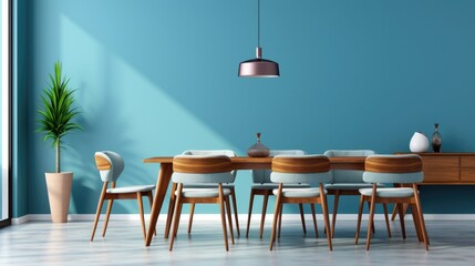 Wooden table and chairs against blue wall. Mid-century style interior design of modern dining room.