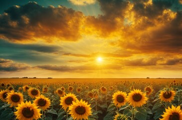 Sunset over sunflower field. Beautiful summer landscape with sunflowers.