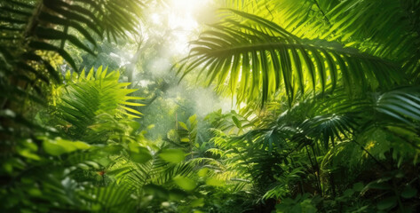 Fototapeta na wymiar Illustration of tropical fern bushes background lush green foliage in the rain forest with nature plant tree.