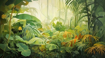 Illustration of tropical fern bushes background lush green foliage in the rain forest with nature plant tree. - obrazy, fototapety, plakaty