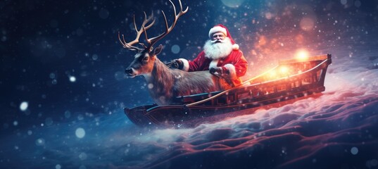 Illustration of Santa Claus get a move to ride on their reindeer sleigh flying over Christmas fairy forest. - obrazy, fototapety, plakaty