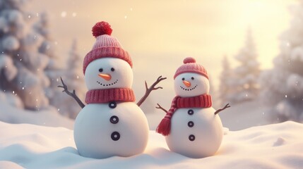 Illustration of Merry christmas and happy new year greeting card with happy snowman standing in christmas landscape.