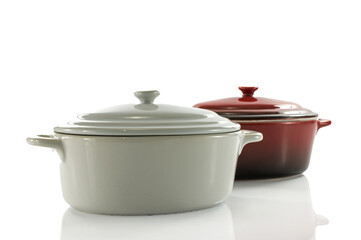 red and white saucepan in a kithcen or restaurant on transparent background