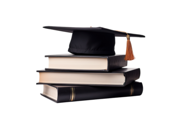 front view of stacked books, a graduation cap for education day isolated white background