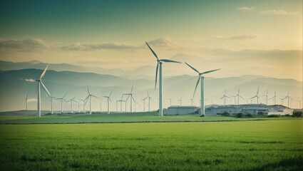 Windmills located in open fields. Boundless expanses of alternative energy. Wind generators on wind farms