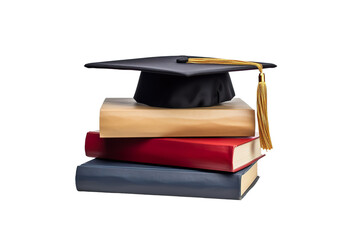 front view of stacked books, a graduation cap for education day isolated white background