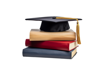 front view of stacked books, a graduation cap for education day isolated white background