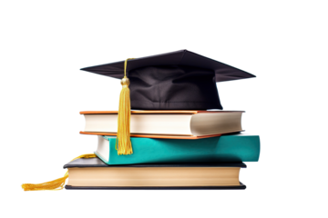 front view of stacked books, a graduation cap for education day isolated white background
