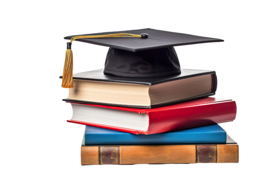 front view of stacked books, a graduation cap for education day isolated white background