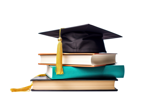 front view of stacked books, a graduation cap for education day isolated white background