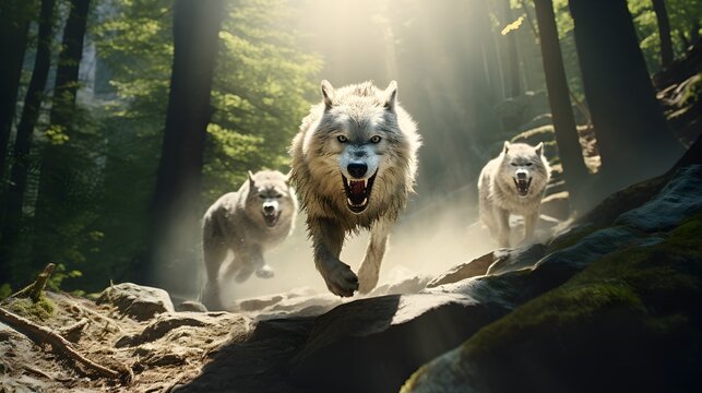 Dramatic Pack of  White Wolves in the Forest. Wild Gray Wolves Running in the Forest. Generative AI