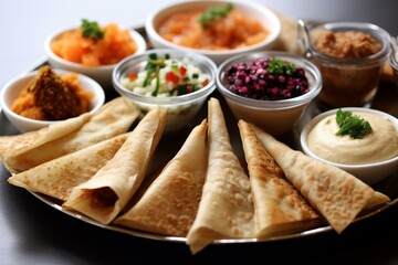 An assortment of Lebanese cuisine featuring samosa, hummus, falafel, and aubergine caviar. Generative AI