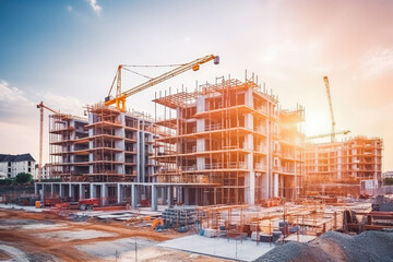Building under construction industrial development. Architecture and design of modern urban environments. Business or residential building being built