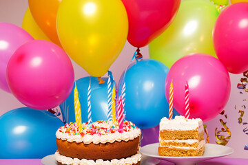 birthday party balloons, colourful balloons background and birthday cake with candles