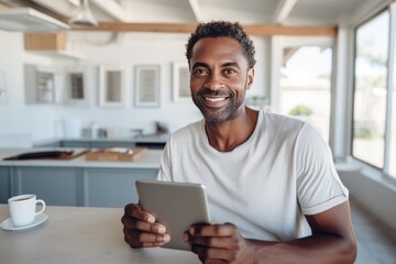 Portrait of cheerful African American businessman in casual clothes with smartphone and cup of...